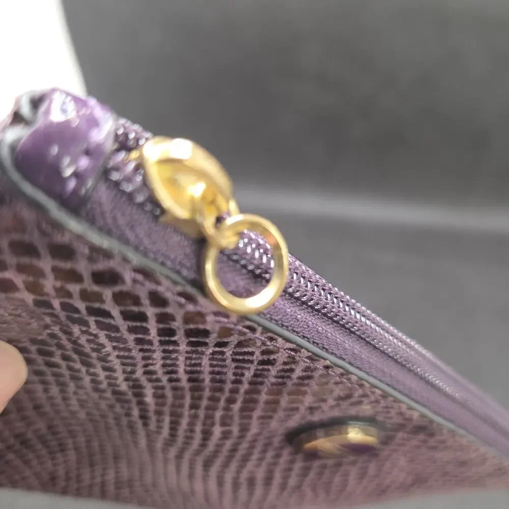 Coach Purple Snakeskin Embossed Leather Wristlet Zip Top Gold Tone 6 x 4.25 Inch